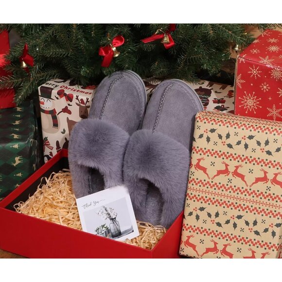 🆕Women Dark Grey Suede Fluff Dual Memory Foam Arch Support Warm Scuff Slipper - Picture 5 of 9